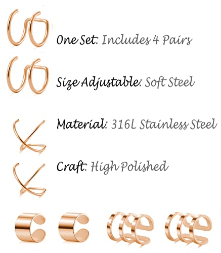 Tornito 4-10 Pairs Stainless Steel Ear Cuff Helix Cartilage Clip On Wrap Earrings Fake Nose Ring Non-Piercing Adjustable - color: A5: 4 Pairs, Rose Gold Tone