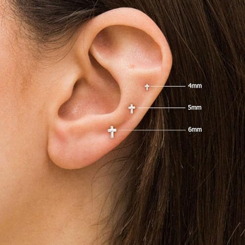 VRIUA 20G Tiny Flat Back Earrings for Women - 14K Gold/Silver Plated Small Flat Back Stud Earrings Hypoallergenic Cartilage Helix Piercing Jewelry - color: 4/5/6mm-Cross Flat Silver