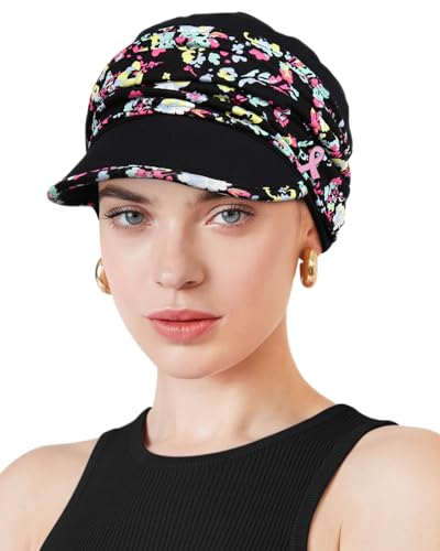 Chemo Headwear Viscose Newsboy Cap for Women Summer Hats - color: Black Floret
