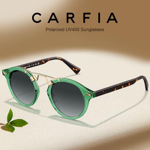 CARFIA Double Bridge Small Acetate Sunglasses for Women Polarized, Retro Metal Brow Ladies Sunnies Fashion Round Eyewears - color: 6. Translucent Green Frame Gradient Grey Lens