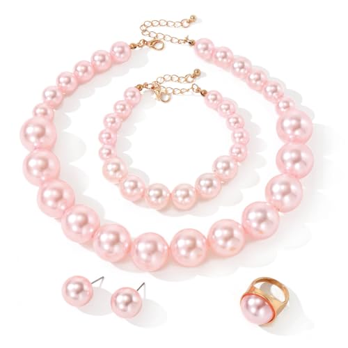 Chunky Beads Jewelry Set Boho Large Simulated Pearl Statement Colorful Beaded Necklace Bracelet Earrings Ring Set Holiday Party Bride Outfit for Women - color: Pink