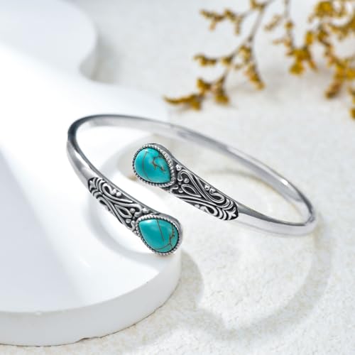 925 Sterling Silver Genuine Gemstone Bracelet for Women Men Handmade Adjustable Boho Navajo Style Bangle Cuff Natural Stone Jewelry Gift - color: Turquoise