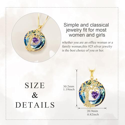 POPLYKE Mothers Day Gifts for Mom Her Wife Tree of Life Necklace 925 Sterling Silver Birthstone Pendant with Crystal Anniversary Birthday Wedding Jewelry for Women - color: 02-Feb-Amethyst, style: 18K Gold Plated-Blue Crystal