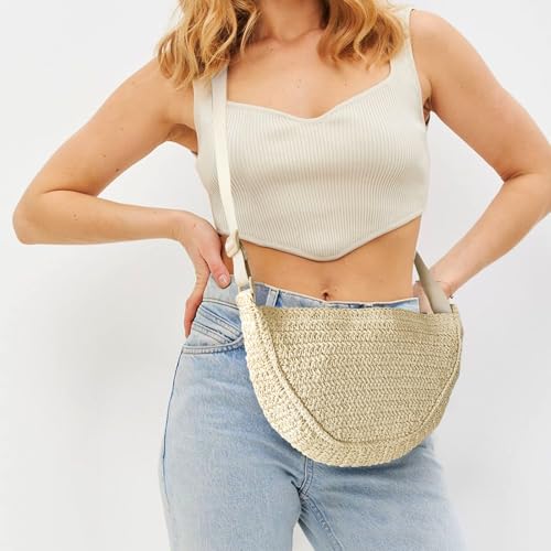Straw Crossbody Bag for Women Summer Woven Beach Handbag Crescent Shoulder Purses with Adjustable Strap 2025 - color: Beige