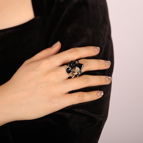 Jumwrit Shiny Crystal Flower Ring Statement Adjustable Open Band Wrap Finger Ring Square Rhinestone Floral Cocktail Ring Party Bridal Wedding Jewelry Vintage Boho Knuckle Ring for Women - color: Black