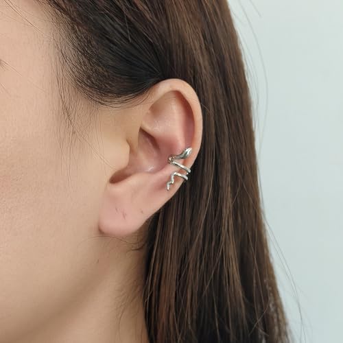 Gold Ear Cuff Earrings for Women Non Piercing 14K Gold Plated/Silver Cuff Clip On Cartilage Hoop Shining Cubic Zirconia Twisted Chain Ear Clip On Earring for Women Chunky Ear Cuffs Earrings - color: Silver-Snake