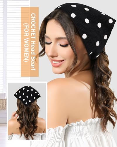 AWAYTR Crochet Head Scarf Hair Bandanas Women Knit Bandana Headband Scarf Tie-Back Head Coverings Floral Headscarf - color: Polka Dots - Black + White