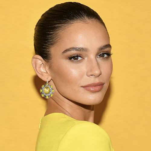 Handmade Bohemian Vintage Gold Sparkly Crystal Round Flower Leverback Earrings Cute Rhinestone Geometry Dangle Drop Earring for Women - color: Yellow