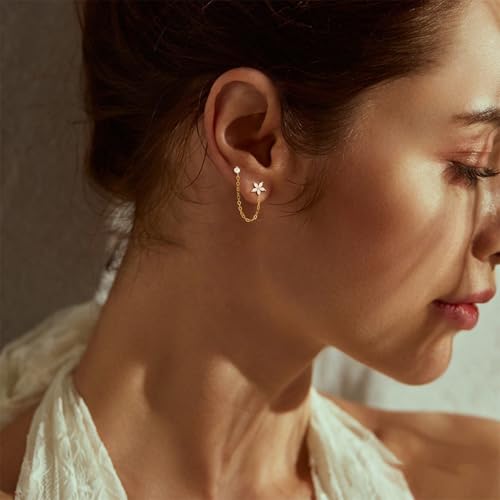 Freekiss Gold Chain Studs Earrings for Women Trendy: Hypoallergenic 14K Gold Plated Dangle Earrings Dainty Small Long Chain Earring Set Fashion Gold Jewelry for Women - style: Flower chain earrings-GD