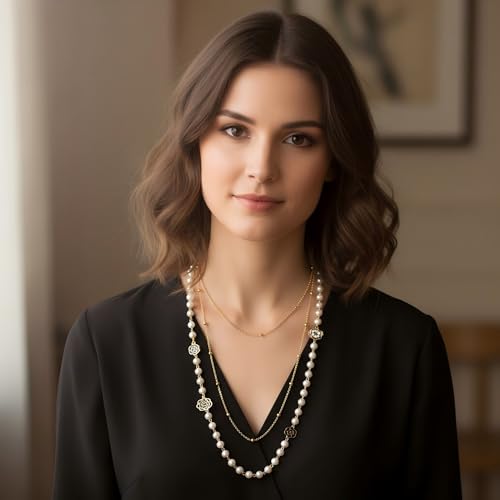 Long Pearl Necklace for Women, 8mm Simulated Pearl Strand Necklace, Layered Multi Strand Gold Beaded Necklace, 58" No Clasp Wrap Necklace Vintage Costume Jewelry Gift - style: 02-Long pearl necklace-Black