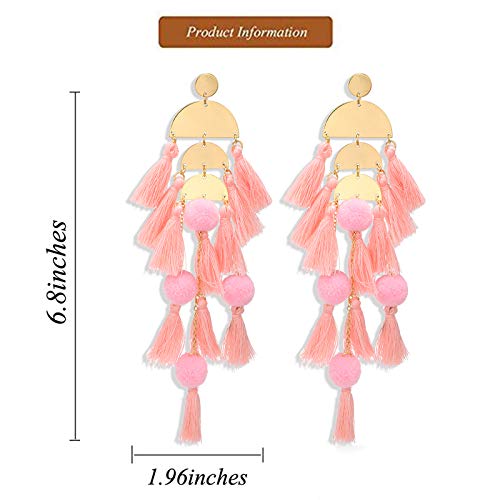 Long Tassel Earrings for Women Colorful Fringe Drop Dangle Earrings Bohemian Hawaiian Summer Beach Jewelry for Womens Vacation Outfits - color: Blush Pink