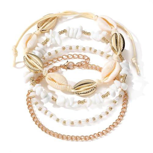 ZMANYIJEW Shell Ankle Bracelet Set for Women, Boho Pearl Adjustable Anklet,Beaded Layered Ankles Bracelets Shell Pendant Elastic Foot Chain Anklets for Women - style: 4pcs