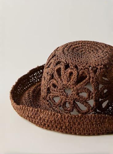 Handmade Women's Crochet Straw Bucket Hat Packable Daisy Beach Cap | Adjustable Inner Drawstring, Airy Lightweight Paper Fiber, Face Shade, Easy Storage, Feminine Openwork Floral Style - color: Coffee