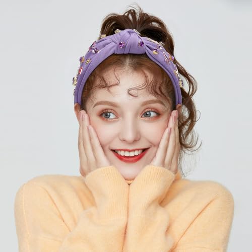WantGor Pearl Knotted Headband, Women Rhinestone Embellished Hairband Elegant Wide Top Knot Bride Headbands Headpieces Party Fashion Elegant Ladies Hair Band Hair Hoop Accessories (Light Purple) - color: Light Purple