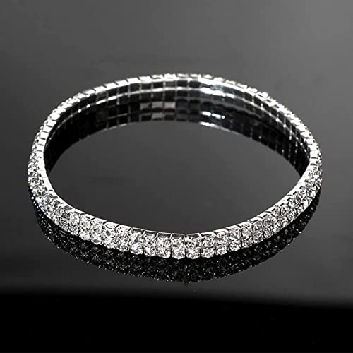 Kucheed Rhinestone Stretch Bracelets, Twinkle Diamond Tennis Bangle, Silver Crystal Sparkling Bridal Stackable Bracelet Jewelry, Bling Shining Wedding Party Elastic Band Bracelet for Women - color: Silver