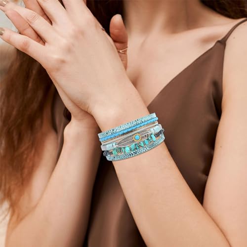 Long tiantian Boho Leather Wrap Bracelets Western Bracelets for Women Stackable Starfish Crystal Pearl Turquoise Leather Bracelet With Clasp Jewelry Gifts Boho Dresses - color: A4:GREEN Bracelet