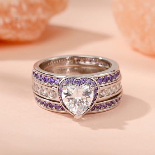 Jeulia Engagement Interchangeable Ring Set for Women Heart Cut Sterling Silver Wedding Promise Brilliant Classic Band Fashion Anniversary Rose Gold Halo Diamond Bridal with Jewelry Box - color: Purple