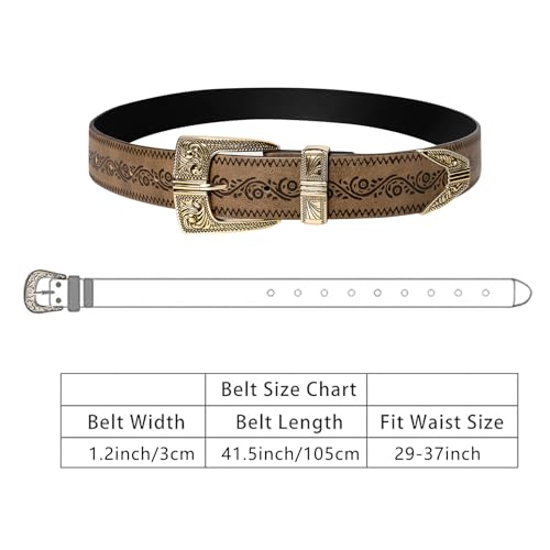 Dubulle Womens Belt Chain Leather Belts Vintage Western Adjustable Elastic Double Buckle for Cowboy Pant Dress - color: Brown Gold