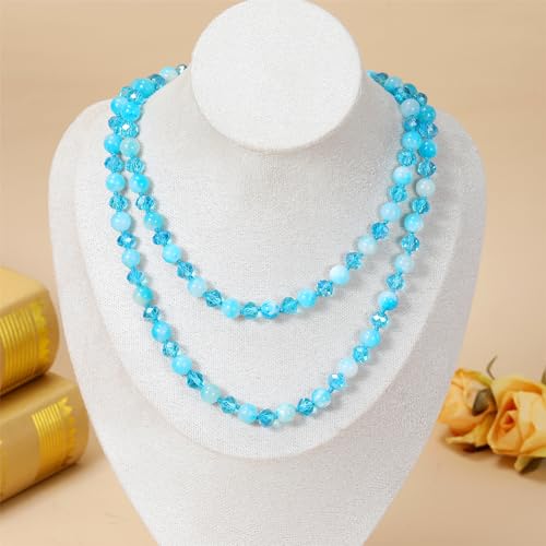 Long Beaded Necklace for Women Boho Colorful Crystal Stone Knot Statement Fashion Costume Jewelry Gifts - color: Aquamarine