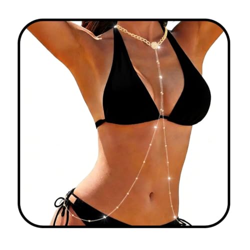 Bounzhi Rhinestone Crossover Body Chain Bra Shiny Crystal Chest Harness Bikini Body Jewelry - style: Bead-Gold