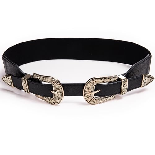 Dubulle Womens Belt Chain Leather Belts Vintage Western Adjustable Elastic Double Buckle for Cowboy Pant Dress - color: Rose Gold Black