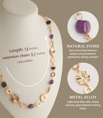 Long Gold Necklaces for Women Dainty Natural Stone Beaded Gold Necklace Mothers Day Gifts Boho Gold Costume Jewelry for Women - color: Amethyst