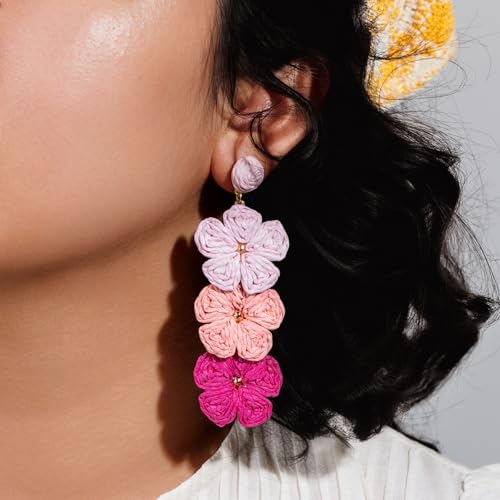 Boho Flower Earrings Statement Raffia Dangle Earrings Cute Floral Jewelry Trendy Summer Beach Vacation Outfits for Women - color: Pink