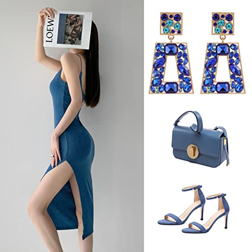 Rhinestone Rectangle Statement Earrings Colorful Crystal Geometric Drop Dangle Earrings for Women Prom Party - color: royal blue