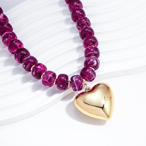WOWORAMA Chunky Heart Necklaces for Women Colorful Resin Beaded Choker Necklace Gold Puffy Heart Statement Necklace Trendy Acrylic Choker Jewelry - color: Purple