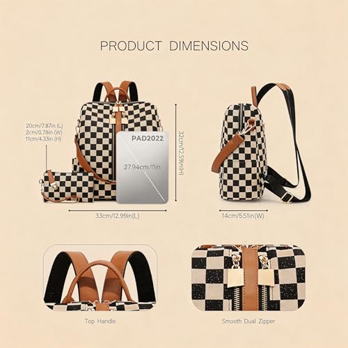 Women's Backpack with Wristlet Set, Large Capacity Tote Backpack for Women, Fashion Travel Backpack & Stylish Mommy Bag (Brown Chessboard) - color: Brown Chessboard