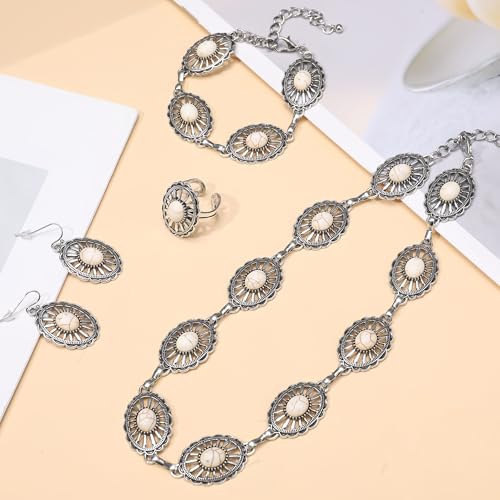 4 PCS Western Turquoise Jewelry for Women Boho Vintage Navajo Pearl Necklace Earring Bracelet Ring Set Country Cowgirl Accessories for Gift - color: L-White