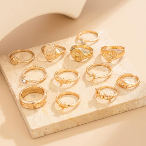 FUTIMELY Boho Retro Stackable Rings Sets for Women Knuckle Joint Finger Knuckle Nail Ring Sets Moon Stars Stack Preppy Statement Rings Cute Trendy Stuff Jewelry - style: G-12PC-Heart Rings