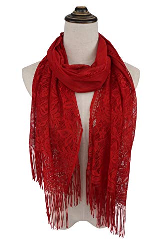 YOUR SMILE Ladies/Women's Lightweight Solid Color Fringe Lace Tassels Long Shawl Scarf For Spring Summer Fall - color: Red
