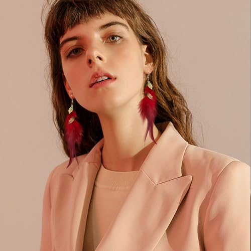 Feather Earrings for Women Bohemian Fringe Tassel Long Drop Dangle Earrings Lightweight Boho Statement earrings - color: red