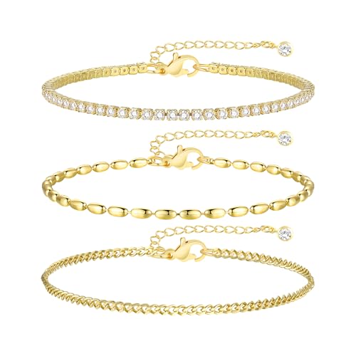 Gold Bracelets for Women, 14k Gold Plated Hand Chain Bracelet, 2 Pcs Ring Bracelets for Women Trendy Dainty Cubic Zirconia Bracelet Ring Bracelet Hand Jewelry Adjustable 6.3'+2' - style: CZ+cuban-2