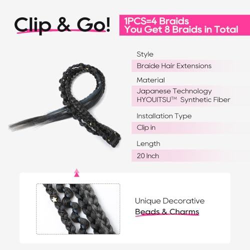 REECHO Clip in Braid Hair Extensions for Women, 20" Boho Dreadlock Clip in Braids with Beads & Charms, 2PCS Synthetic Braided Hairpieces for Cosplay Daily, Black with Gray - color: Black with Gray, size: 20 Inch