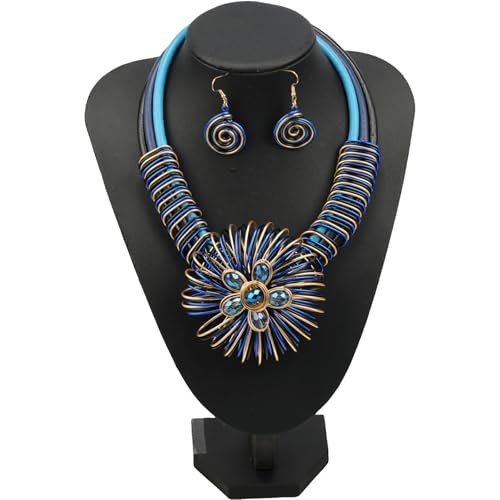 Ethnic Crystal Rhinestone Pendant Necklace Earrings Set Women Handmade Tribal Collar Choker Chunky Metal Bib Rope Chain African Statement Jewelry Set - color: NXR1418-blue