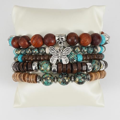 COLORFUL BLING Boho Turquoise Wooden Beaded Stretch Bracelets Stackable Turtle Butterfly Elephant Shell Heart Charms Bracelet for Women Men Western Jewelry Gifts - style: Set 5