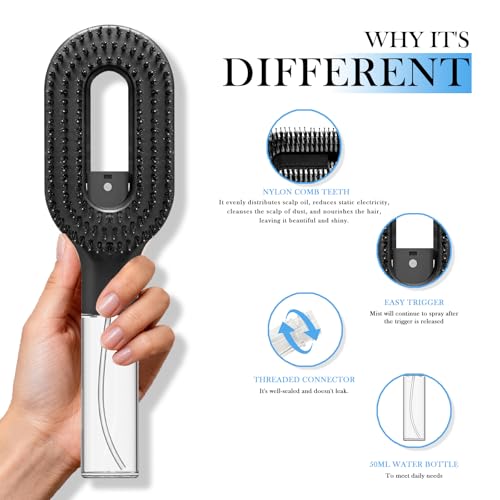 2-in-1 Manual Non-Electric Detangler Hair Brush with Built-In Mister Spray, Wet & Dry Detangling Brush for Curly, Wavy & Straight Hair, No-Tangle Anti-Frizz Brush，Reservoir 50ml.(Black) - color: Black