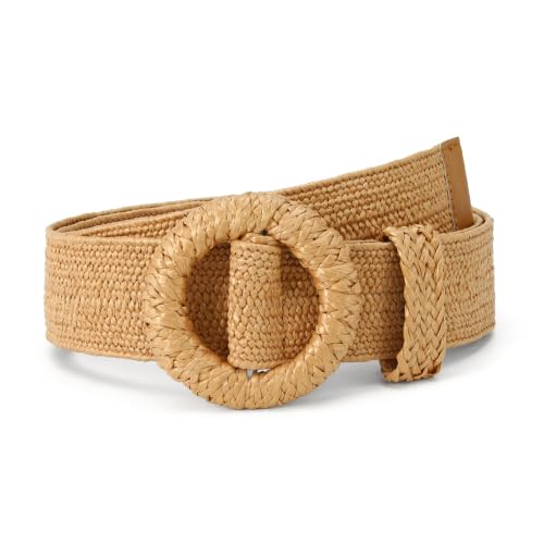 HOTWILL Women Straw Woven Belt Boho Elastic Stretch Braided Waist Belts for Summer Dresses - color: Camel_round Buckle