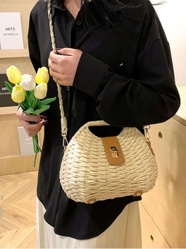 Handmade Straw Woven Bag Beach Clutch Purses Women Vacation Shell Shoulder Crossbody Summer Dumpling Handbag Basket Tote - color: A-beige