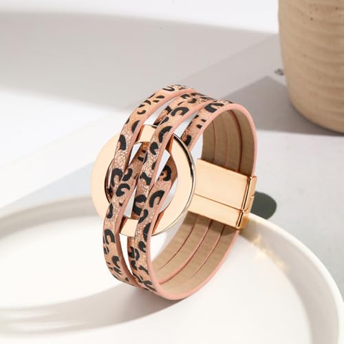 Fuqimanman2020 Circle Charm Leather Wrap Bracelet Boho Handmade Layered Cuff Bracelets for Women Teen Bohemian Multi Strand Bangle Bracelets Holiday Jewelry - color: Leopard print