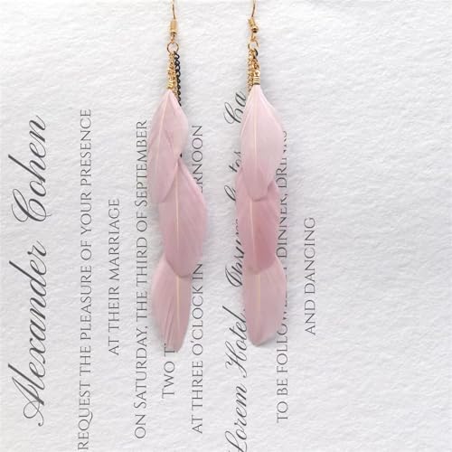 coadipress Boho Piercing Tassel Feather Long Chain Earrings Retro Lightweight Native Feather Dangle Drop Earrings for Women Bohemian Handmade Natural Feathers Earring Jewelry - color: Pink