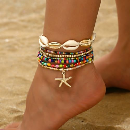 Vivian&CD Boho Shell Anklets Bracelet for Women Waterproof, Gold Layered Seashell Starfish Puka Shell Anklet, Adjustable Colorful Beaded Stack Stretch Bead Bracelet Set, Fashion Beach Foot Jewelry for Hawaii Summer Vacation - style: Starfish2