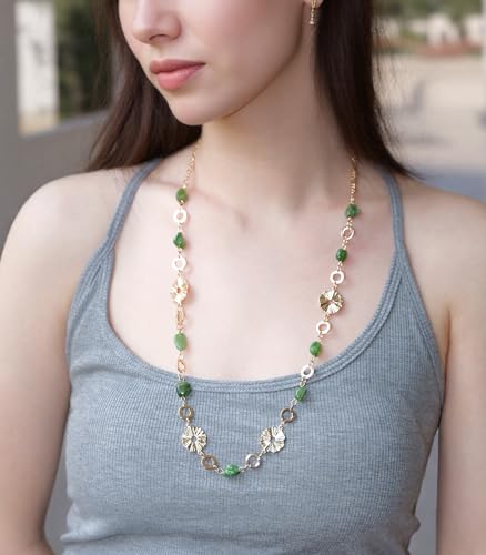 Long Gold Necklaces for Women Dainty Natural Stone Beaded Gold Necklace Mothers Day Gifts Boho Gold Costume Jewelry for Women - color: Jade Green