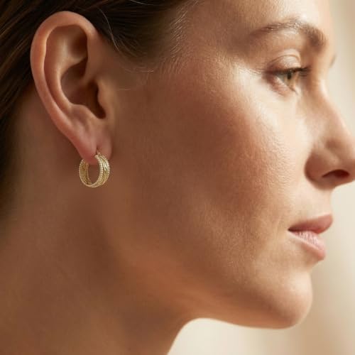 14k Yellow Gold Twisted Braided Hoop Earrings for Women, Textured Beaded Huggie Earrings, Hypoallergenic Minimalist Statement Jewelry 23.3mm*9mm