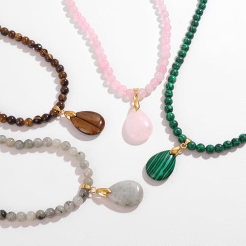Healing Crystal Necklaces for Women Trendy Natural Stone Beaded Long Pendant Necklaces for Womens Handmade Bohemian Fashion Necklace Jewelry Gift - color: Tiger Eyes