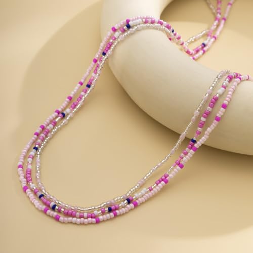 African Waist Beads For Women Colorful 3PCS Layered Belly Body Chain Beach Bikini Waist Jewelry Body Accessories For Women - style: 3 Layered Bead-White mix Pink