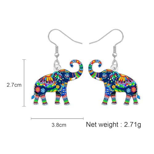 BONSNY Colorful Acrylic Elephant Dangle Earrings Bohemian Tribal Floral Design Boho Jewelry Gifts for Women Funny Novelty Hypoallergenic Spring Summer Gifts Accessories - color: Blue