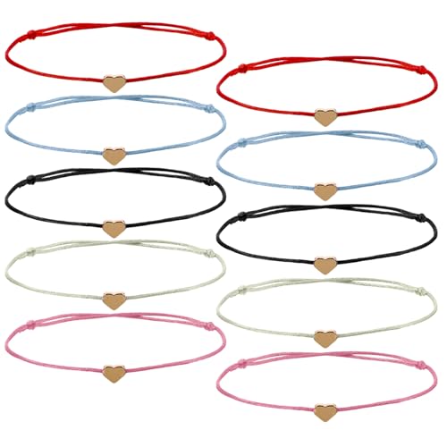 Skrfren 10 Pack Heart Friendship Bracelets, Adjustable Heart Bracelet with Gold Hearts Cord Red Bracelets for Women with Gold Hearts, Red Thread Bracelet for Women Friends Partners Lovers